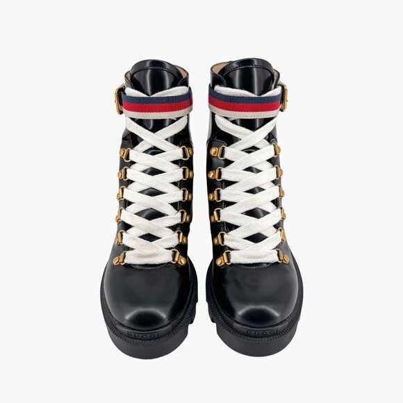 Gucci Sylvie Trip Black Leather Lace Up Combat Boots Size 36.5 US 6.5 Women's - Picture 3 of 15